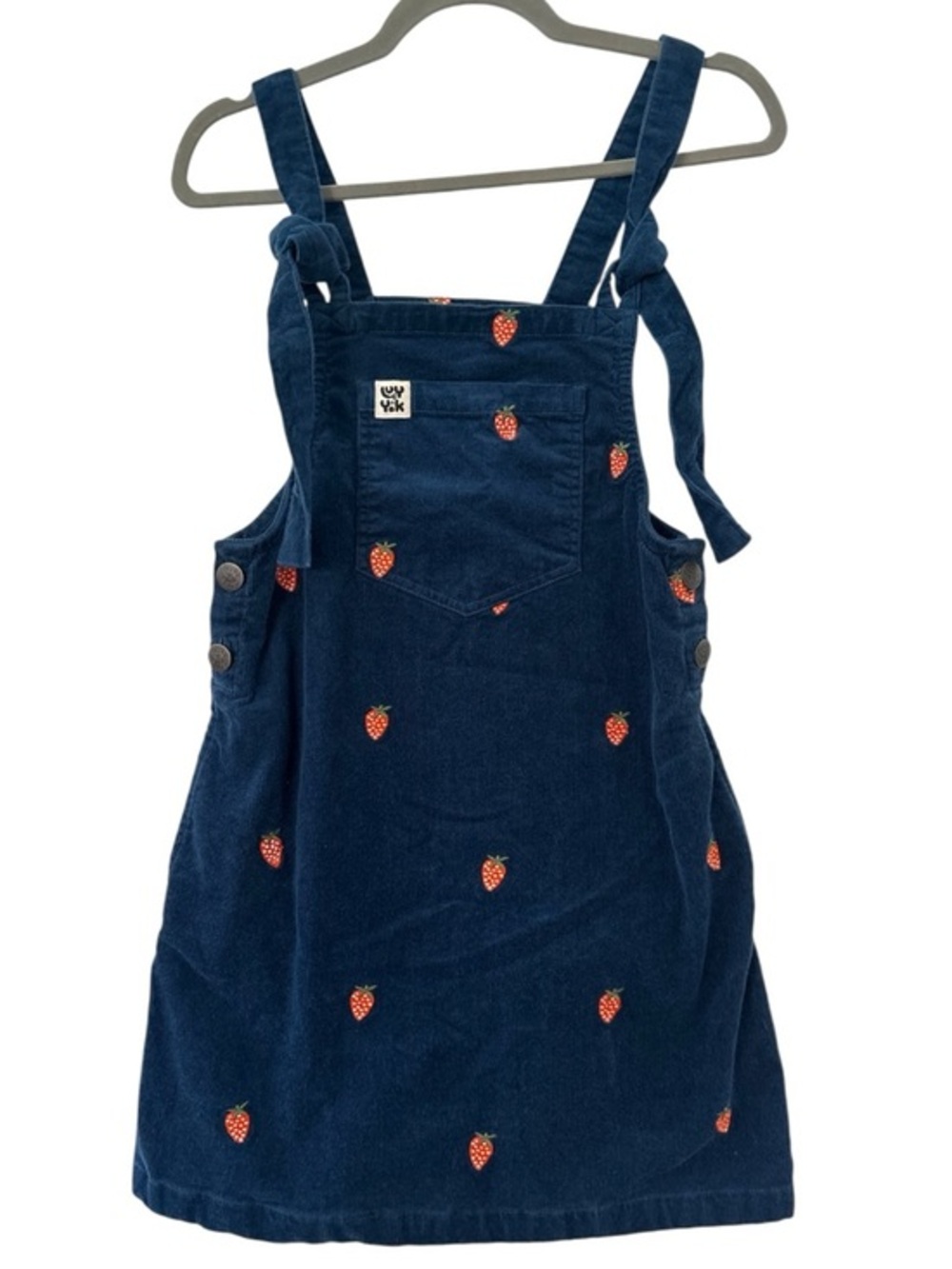 Lucy and Yak Organic Cotton Corduroy Pinafore Dress in Navy Strawberries Size 4
